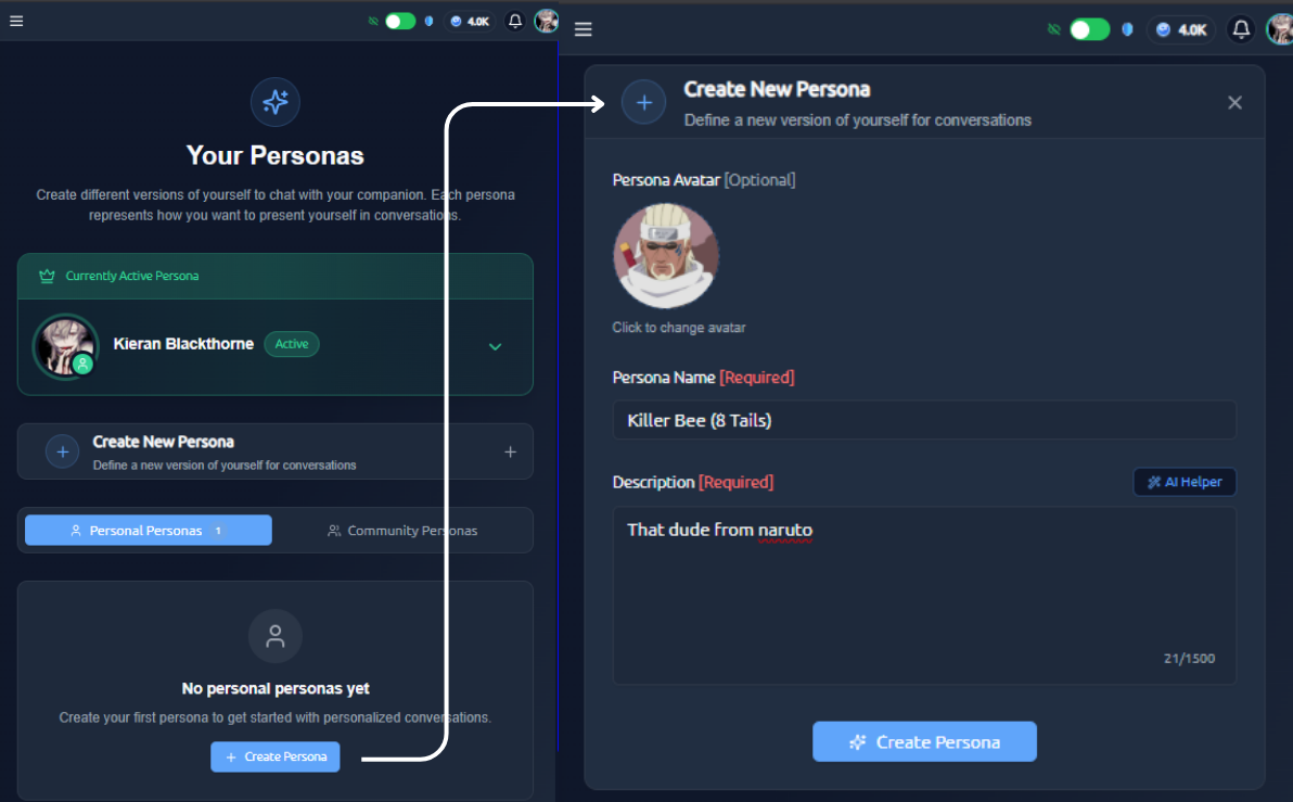 Persona creation interface